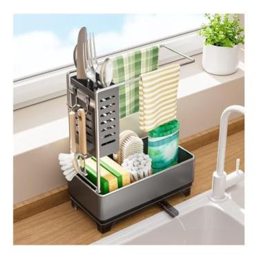 Imagem de HGTRH Rack de secagem de cozinha, organizador de pia com bandeja autodrenagem para suporte de esponja, toalheiro, suporte de pano de cozinha, acessórios de pia de banheiro cinza