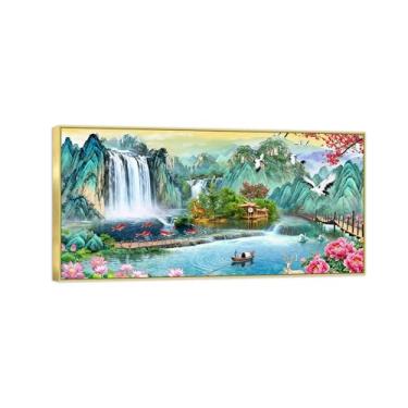 Imagem de Chinoiserie Arte de parede paisagem imagem em tela - montanha cachoeira flores pássaros - pintura chinesa - impressões de moldura dourada para decoração de casa 50 x 100 cm 20 x 39 pol