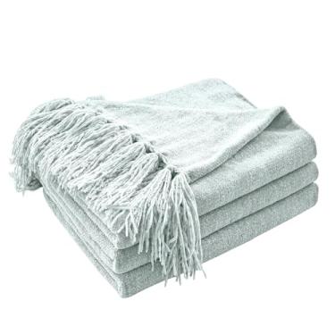 Imagem de CozeCube Cobertor de chenille para sofá, cobertor de pelúcia aconchegante azul bebê decorativo com franjas, mantas leves para cama, sofá, presente, decoração de casa, 152 cm x 203 cm