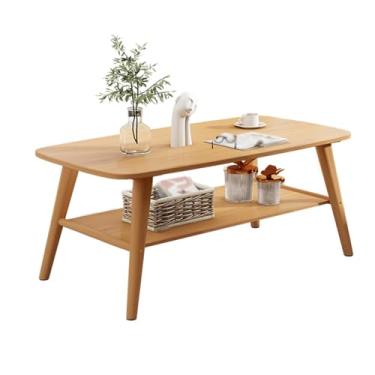 Imagem de Solid Wood 2-Tier Rectangle Coffee Table, Wooden Craftsmanship, Curved Corner Design, Sturdy Table Legs Support, Suitable for Small Living Rooms and Bedrooms(Yellow,100 * 60 * 50cm/39 * 24 * 20in)