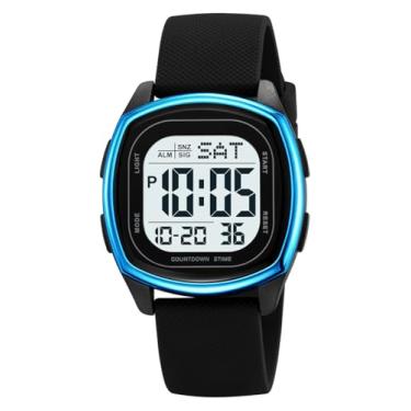 Imagem de Relógios masculinos fashion tendência preto multifunções à prova d'água relógio cronógrafo digital LED relógio pulseira de relógio de silicone macio relógios quadrados, Preto, azul, Cronógrafo