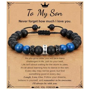 Imagem de Esrial Pulseira de cruz para homens, presentes de Natal para homens, pulseira de contas cruzadas, aniversário, batismo, presentes cristãos para filho, neto, irmão, sobrinho, 5.5in, Cobre, Ágata