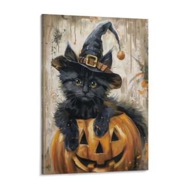 Imagem de HouLaiZhe Pôster de Halloween fofo gato preto abóbora impressão de arte de parede decorações de Halloween decoração de quarto estética gótica para sala de estar quarto 18 x 24 polegadas (45 x 60 cm)