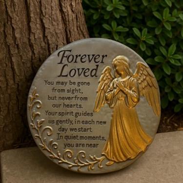 Imagem de VEOJEIN Pedra de jardim memorial, pedra redonda de 24 cm com design de anjo, decoração de lembrança resistente ao clima ao ar livre