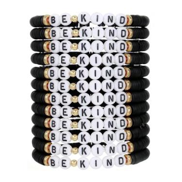 Imagem de twinkle eye 12 pulseiras Zhang shine Be Kind para mulheres e homens coloridos Heishi surfista argila polímero amizade pulseiras empilháveis inspiradoras joias elásticas presentes, One Size, Argila de