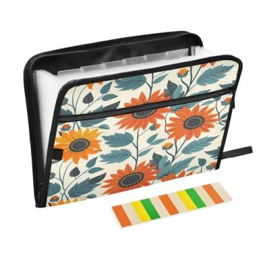 Imagem de Wassud Pasta organizadora de arquivos de papel A4 em formato de acordeão de girassol laranja com etiquetas pasta de arquivo expansível com 13 bolsos