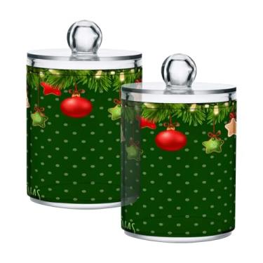 Imagem de STAYTOP 2 frascos de boticário com dispensador Qtip para banheiro com etiquetas – Recipiente de armazenamento Qtip de plástico transparente para bola de algodão, cotonete, grão de café - Feliz Natal