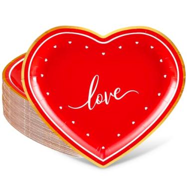 Imagem de FYSUIMU 40 peças de pratos de papel para o dia dos namorados, coração, vermelho, pratos de festa, folha dourada, prato descartável, para jantar, sobremesa, para férias, casamento, aniversário, festa