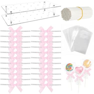 Imagem de Supkiir 300 palitos e embalagens para bolo, incluindo 100 sacos transparentes de bolo com 100 laços de fita rosa e 100 palitos de papel para embalagem de doces de Natal, decoração de bolos e