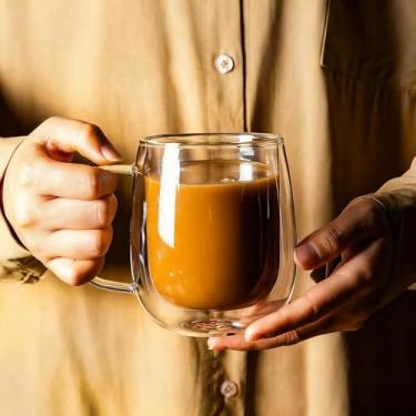 Imagem de Caneca de café com isolamento de parede dupla 250 ml - Copo de vidro térmico com alça, caneca de viagem para bebidas quentes e frias, uso em escritório doméstico