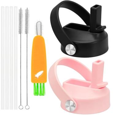 Imagem de XccMe Tampa de canudo para Hydro Flask boca larga, pacote com 2 tampas com canudo para Hydroflask 12 16 18 20 32 1,134 g boca larga, tampa à prova de vazamento com alça flexível, tampa de garrafa