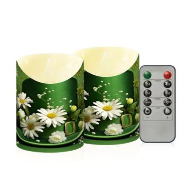 Imagem de Wassud Pacote com 2 velas de chapéu verde e flores brancas sem chama com controle remoto, velas realistas cintilantes com temporizador, velas decorativas para Natal, casamento, festa, decoração de