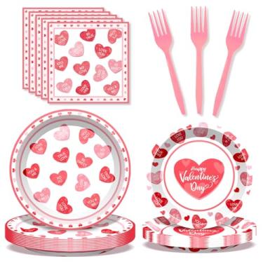 Imagem de 96 peças de artigos de festa do dia dos namorados, pratos e guardanapos descartáveis coração vermelho amor para decorações de festa do dia dos namorados, serve 24