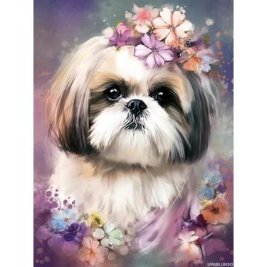 Imagem de UPABLUNSO Kits de pintura de arte de diamante para adultos, Shih Tzu fofo e flores, 5D, faça você mesmo, tinta redonda com pontos de diamante para decoração de parede de casa 30 x 40 cm