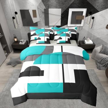 Imagem de Erosebridal Jogo de cama casal azul-petróleo preto e branco, listrado, geométrico, moderno, abstrato, cinza, para decoração de quarto de adolescentes, adultos, jovens, mulheres, cama rústica de