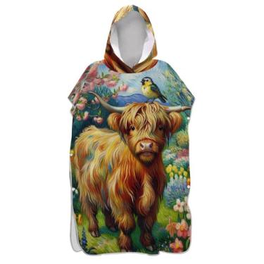 Imagem de TSENQUE Highland Cow Bezerro Flor Pintura Poncho para Adultos Trocador de Roupão Praia Banho Com Capuz Toalhas Leve Masculino Poncho com Capuz