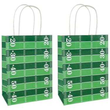 Imagem de 12 peças de sacos de presente de campo de futebol com alça, saco de doces de papel de campo de futebol para lembrancinhas esportivas para decoração de festa de aniversário com tema de futebol