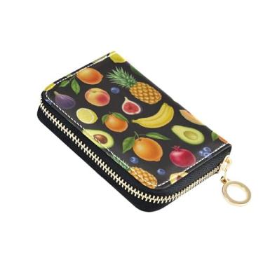 Imagem de Carteiras femininas para cartões de crédito com bloqueio de RFID, zíper ao redor de couro, com chaveiro, frutas pintadas, bananas laranjas