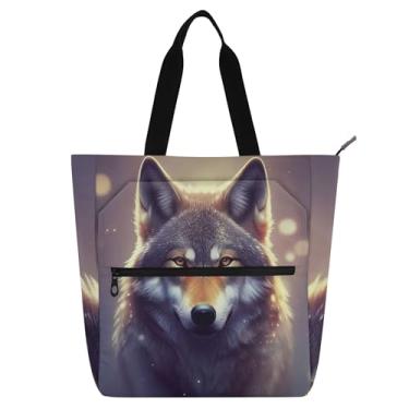 Imagem de GAIGEO Bolsa feminina com estampa de lobo cinza animais selvagens bolsa de trabalho de lona com zíper bolsa de praia carteiro para amantes de livros