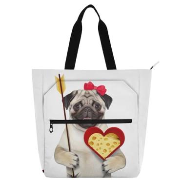 Imagem de GAIGEO Linda bolsa de trabalho Cupido Pug Love para mulheres, bolsa de lona para livros de praia, com zíper, bolsa infantil fofa com compartimentos