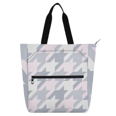 Imagem de Bolsa feminina rosa pastel macia Houndstooth Bolsa de trabalho de lona bolsas de pano reutilizáveis para escola universitária bolsas de presente para amantes de livros