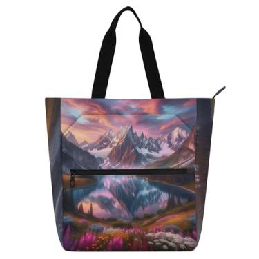 Imagem de GAIGEO Majestic Alpine Lake Sunset Tote Bag para mulheres e crianças com zíper resistente à água bolsa para livros para escola, trabalho, viagens