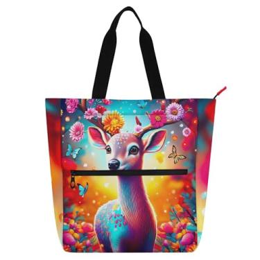 Imagem de Bolsa feminina colorida com flores de veado, bolsa de tecido de lona, faculdade, escola, professores, livros, presente para amantes