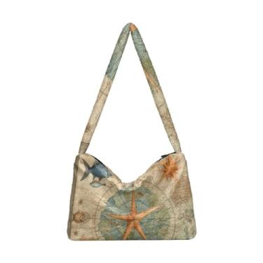 Imagem de Bolsas de ombro femininas verdes natalinas, bolsa de pelúcia Undersrm, bolsa de ombro feminina, Prato vintage de vida marinha, estrela-do-mar e peixe, One Size