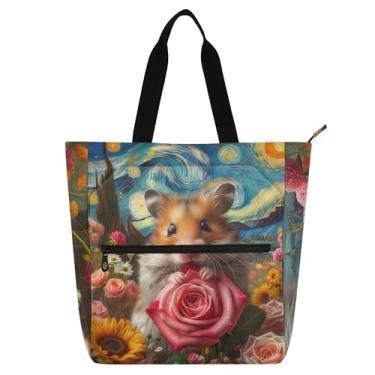 Imagem de GAIGEO Bolsa feminina com estampa de flor de hamster, noite estrelada, para trabalho, lona, praia, livros, zíper, bolsa de professor, com compartimentos