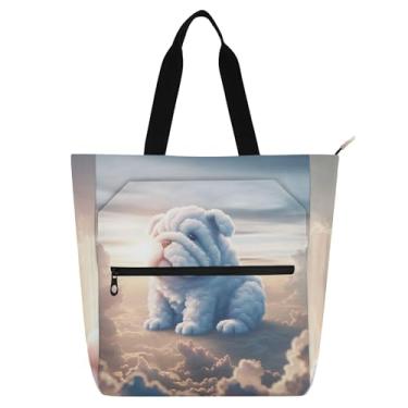 Imagem de GAIGEO Bolsa de trabalho feminina engraçada buldogue nuvens filhote bolsa de lona praia livro bolsa zíper bolsa feminina infantil com compartimentos