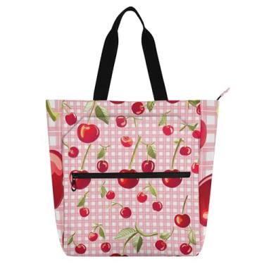 Imagem de Red Cherries Pink Gingham Tote Bag for Women Work Canvas School Tote com zíper Ladies Kids Handbags Book Lovers Gifts