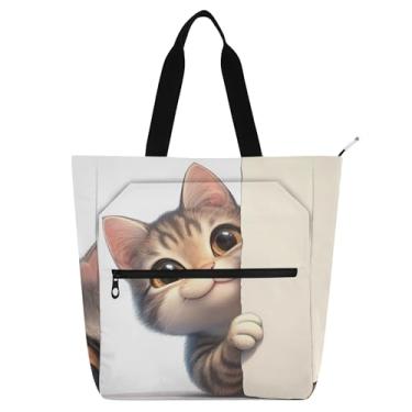 Imagem de Sacola feminina de desenho animado de gato sorridente para trabalho, lona, zíper, bolsa de praia, bolsas médias, presente para amantes de livros