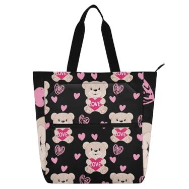 Imagem de GAIGEO Sacola feminina de trabalho com ursinho de pelúcia, rosa, coração preto, para mulheres, lona, praia, livro, com zíper, bolsas femininas e infantis, amantes de livros