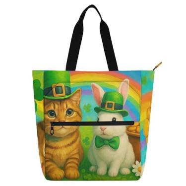 Imagem de GAIGEO Linda bolsa de trabalho de trevo verde coelhinho de gato para mulheres, bolsa de lona com zíper, bolsa de praia, mensageiro, presente para amantes de livros
