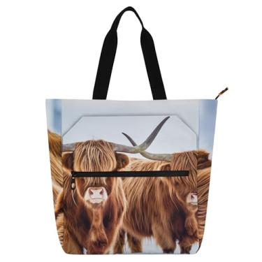 Imagem de Highland Cows Snow Work Sacolas femininas de lona escolar com zíper utilitário bolsas infantis para amantes de livros presentes