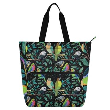 Imagem de GAIGEO Sacola colorida com estampa de folhas de pássaros para mulheres e crianças, bolsa de livros com zíper, escola, trabalho, viagem, bolsa de lona reutilizável