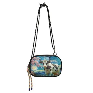 Imagem de Pequena bolsa transversal feminina bolsa de telefone com alça casual noite estrelada vaca flor de cerejeira sobre o ombro bolsa de viagem