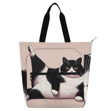 Imagem de GAIGEO Bolsas de trabalho femininas pretas e brancas preguiçosas de lona com zíper, bolsa de praia, bolsas infantis fofas para amantes de livros