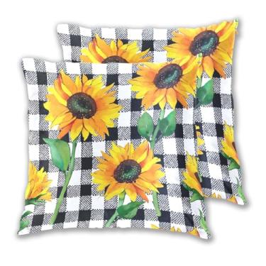 Imagem de Joitme Conjunto de 2 capas de almofada xadrez de girassóis preto e branco para decoração de sala de estar, 40 x 40 cm, 2 peças