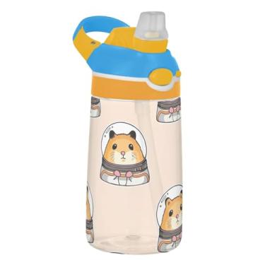 Imagem de Cute Hamster Space Bege Garrafa de água esportiva infantil para escola, 473 ml, 473 ml, garrafa de água Tritan com canudo, copos de viagem reutilizáveis para crianças à prova de vazamento, alça de