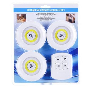 Imagem de Kit 3 Luminárias Spot com Controle Remoto e Timer Automático – Iluminação Ajustável, Toque Instantâneo e Instalação Sem Fios para Cozinha, Armário e Ambientes Modernos