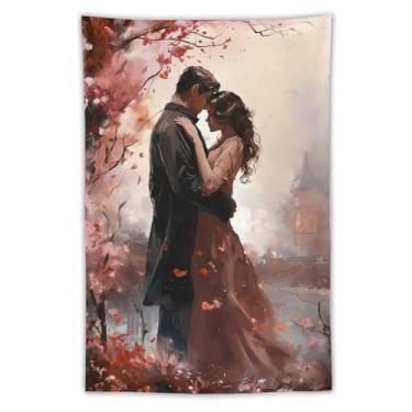 Imagem de Tapeçaria de cidade branca azul mediterrânea veleiro flores rosa penhasco edifícios costeiros beira-mar vista panorâmica vibrante decoração de parede para sala de estar quarto casa peça de arte