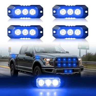Imagem de Raryloy Luzes estroboscópicas de montagem em superfície de 3 LEDs para caminhões, carros, veículos, mini grelha, cabeça intermitente, aviso de perigo de emergência, lâmpada de churrasqueira, ultrafina, 4 peças, recurso de sincronização (azul)