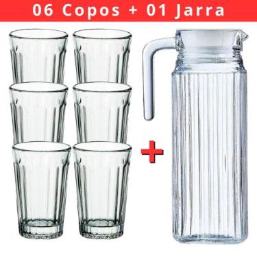 Imagem de KIT Jarra de Suco de Vidro 1litro + 06 Copos 210ml em Vidro - Para Águ