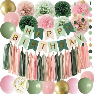 Imagem de ANSOMO Decoração de festa de feliz aniversário verde e rosa faixa feminina meninas seus balões neutros borla guirlanda pompons de tecido
