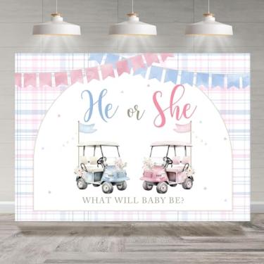 Imagem de Rsuuinu 2,1 x 1,5 m fundo de golfe revelador de gênero ele ou ela fundo rosa azul para fotografia meninos ou meninas decorações de festa de chá de bebê faixa favores de cabine de fotos adereços de