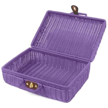 Imagem de Cesta de piquenique de vime, cesta de piquenique vintage com trava de vime com alça para diversos, viagens, acampamento e festa ao ar livre (roxo, 35 x 25 x 13 cm)