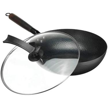 Imagem de Wok Pan 32cm Artesanal Chinês Ferro Frigideira Sem Revestimento Cozinha Wok Frigideira Antiaderente Panela De Vidro/tampa De Madeira Panelas Cozinha Cozinhar Ferramentas,Com Tampa De Vidro,Hilario