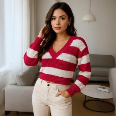 Imagem de Blusa Feminina de Tricot Listrada Gola V Manga Longa Elegante - Vitrin