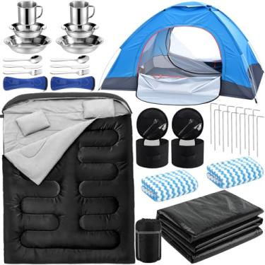 Imagem de Hillsuren Conjunto de 18 peças de equipamentos de acampamento para 3 a 4 pessoas, kit de acampamento portátil ao ar livre com saco de dormir para barraca, lençol de chão, caneca de aço inoxidável